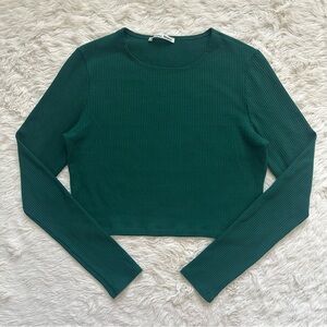 Reformation Top Ribbed Long Sleeve Tee Cropped Stretch Green Sz M